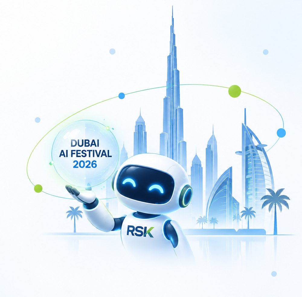RSK Business Solutions at Dubai AI Festival 2026 — Dubai skyline with an AI assistant holding the event name